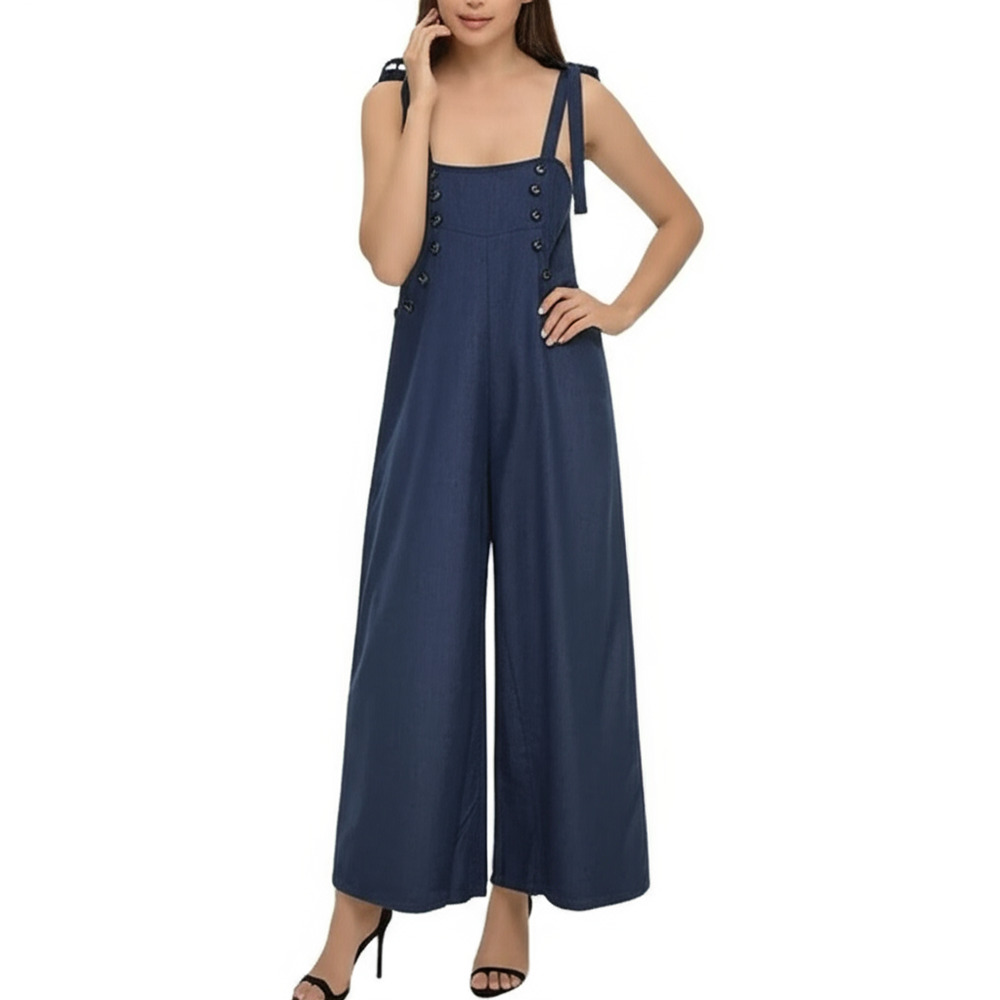 SHEIN Womens Jumpsuit Size L‎ Dark Blue Wide Leg Tie-Shoulder Denim Casual